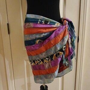 Wevez patchwork multicolor silk blend wrap skirt or scarf with fringe